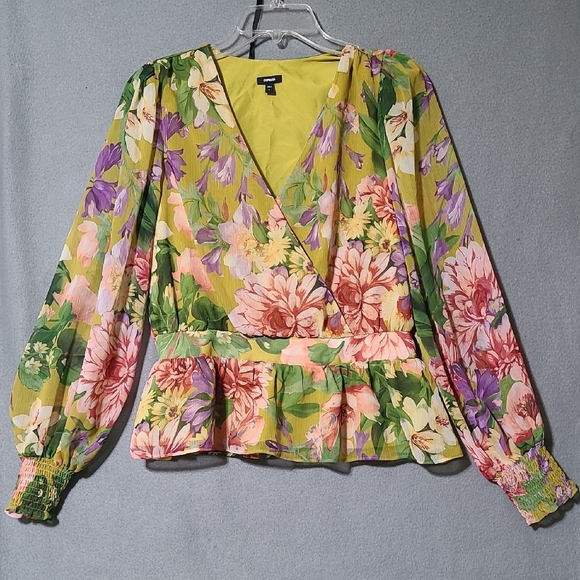EXPRESS Floral V-Neck Long Sleeve Smocked Cuff Peplum Lined Blouse - Size Medium - Picture 1 of 12